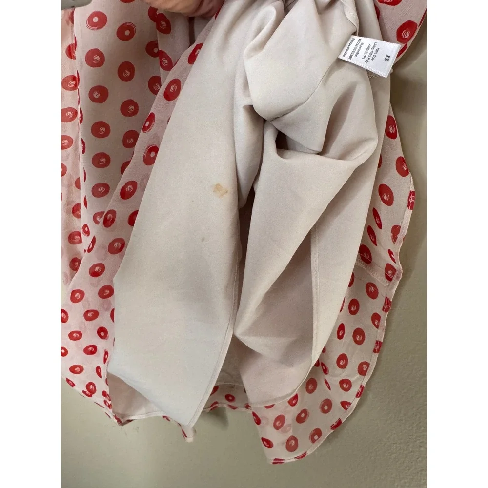 The Addison Story Anthropologie 100% Silk Red Dot Mini Dress XS Ruched Sleeve